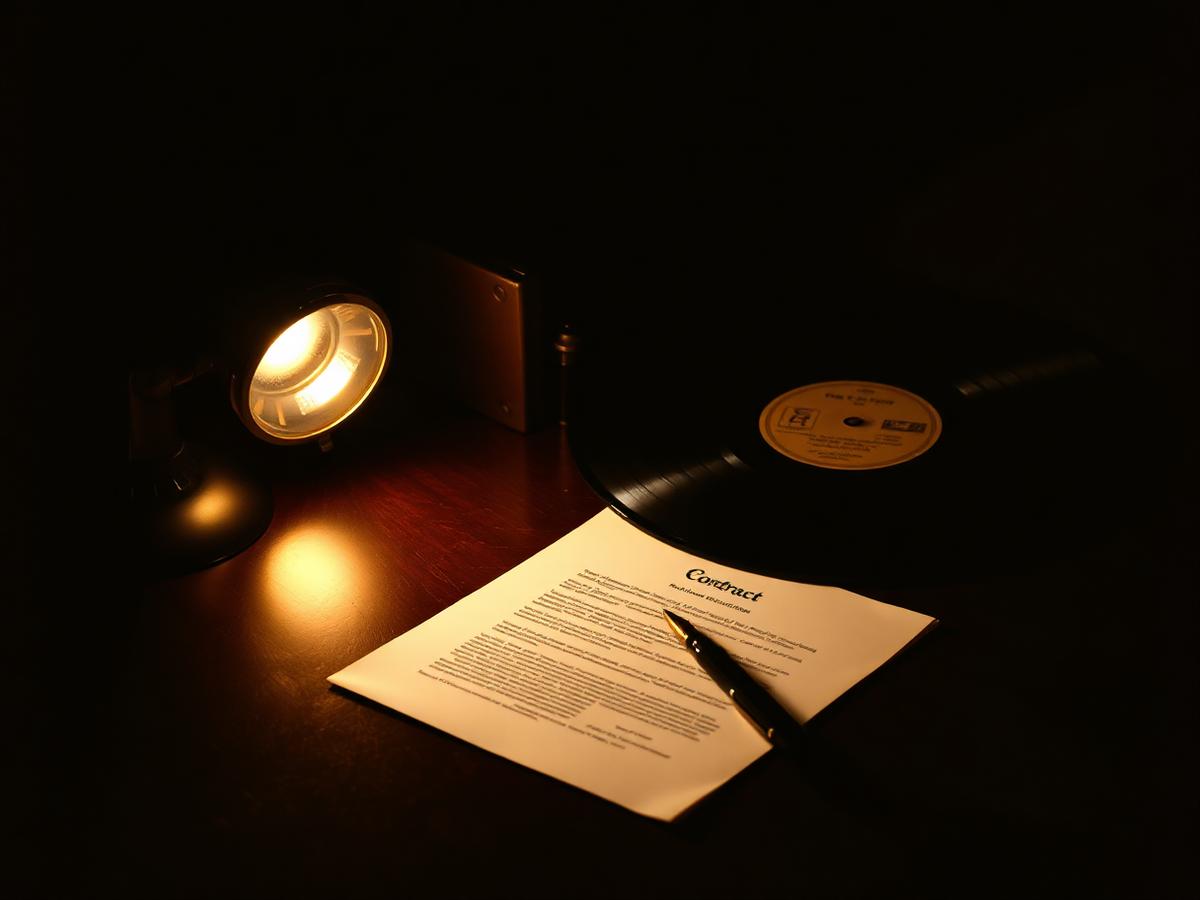 A single-page agreement lit by a warm spotlight beside a vinyl record