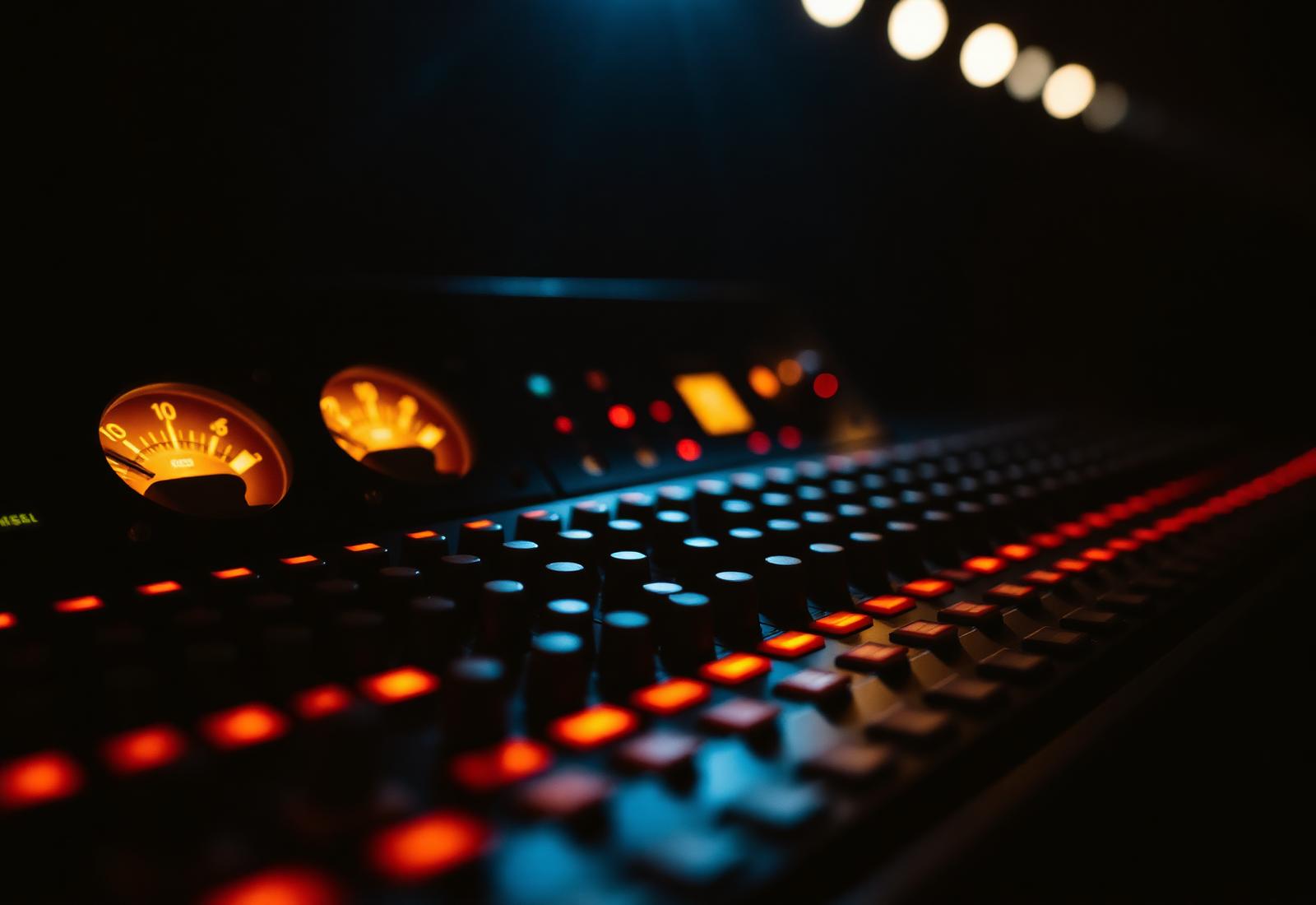 Vintage mixing console lit in warm amber